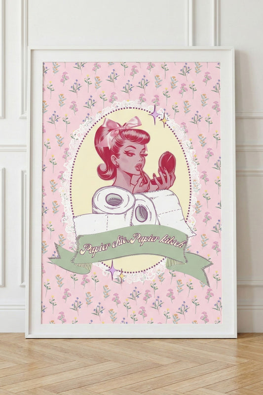 Affiche vintage élégante pin-up rose papier chic papier kitsch décoration murale toilettes Muratika